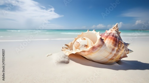 huge conch shell surrounded by sparkling white sand with the gorgeous ocean in the background, paradise world, glittering, super detailed, award winning photography, super wide angle, distant view, pr