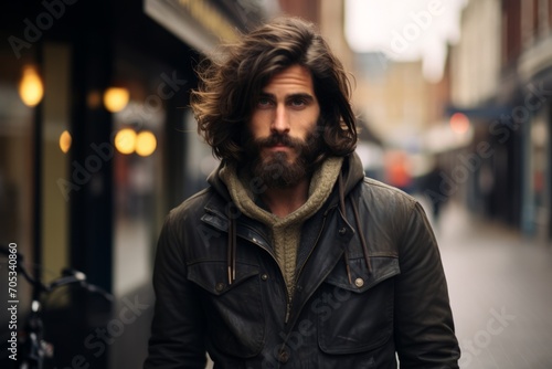 Handsome young man with long hair and beard in a leather jacket on a city street