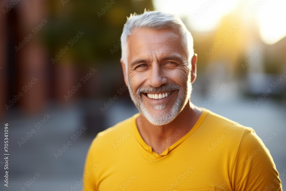 Portrait of smiling senior man in yellow t-shirt looking at camera Portrait of smiling senior man in yellow t-shirt looking at camera