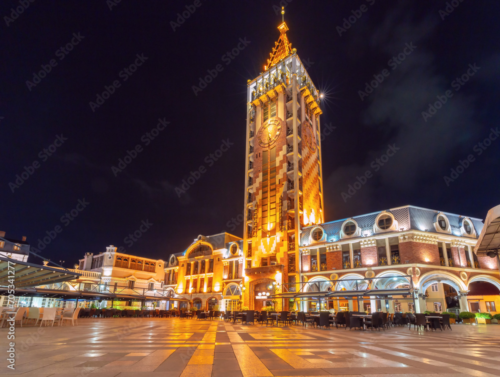 Piazza square and clock tower in Batumi at night.
