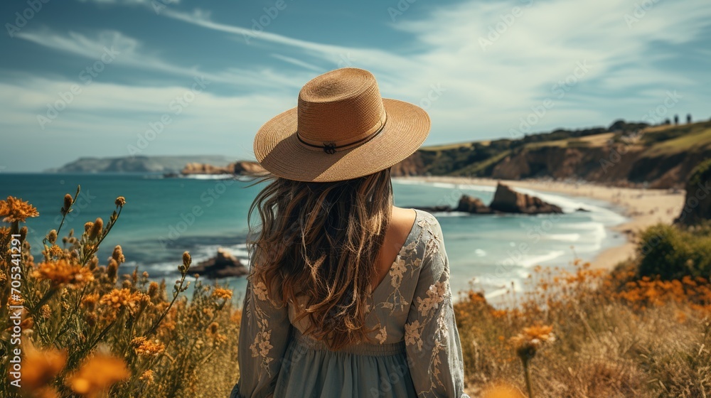 Lady wearing a straw hat standing on a cliff overlooking the ocean