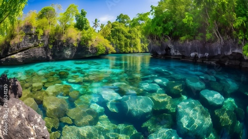 crystal clear lagoon, surrounded by colorful tropical fish and coral reefs