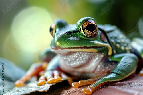 Closeup portrait of a green and yellow spotted wild frog sitting on fallen leaves