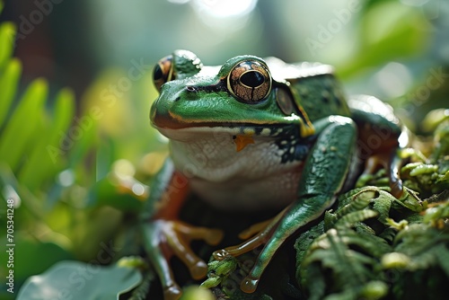 Closeup portrait of a green and yellow spotted wild frog sitting on green plant leaves photo