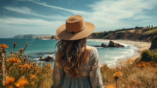 Lady wearing a straw hat standing on a cliff overlooking the ocean