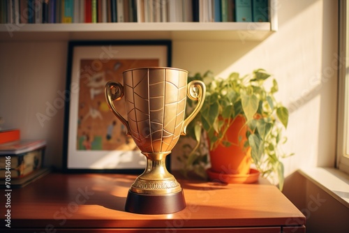 The prize for the winner is a large golden cup on the desktop among potted plants and a framed photograph.