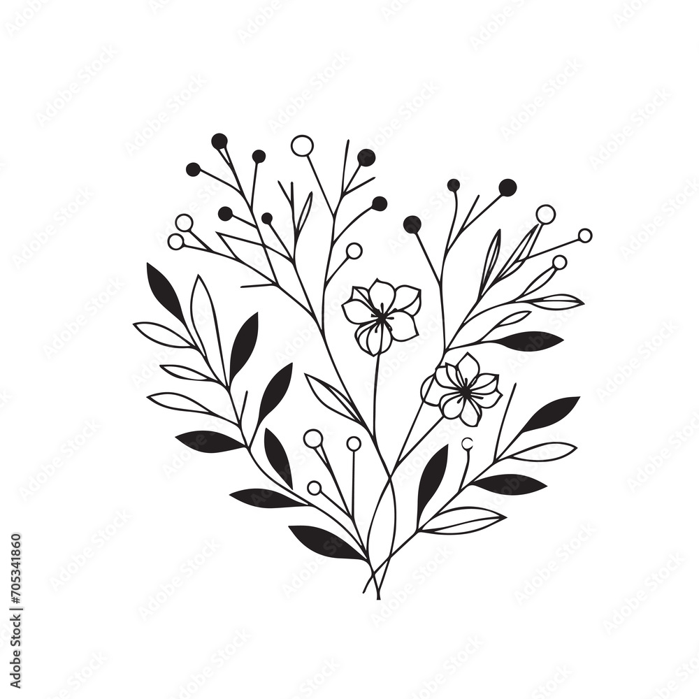 Hand drawn floral minimal elements in line art style. Greenery for decoration, wild and garden plants, branches, leaves. Hand drawn floral minimal elements in line art style. Greenery for decoration, wild and garden plants, branches, leaves.