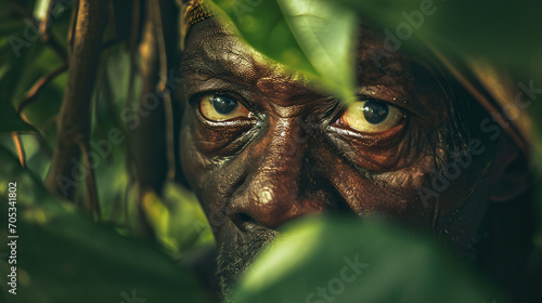 Portrait of a pygmy man with expressive eyes among the plants in a dense African rainforest © Massimo Todaro