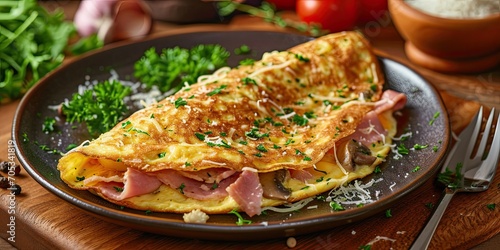 Omelet with mushroom, ham and cheese,
