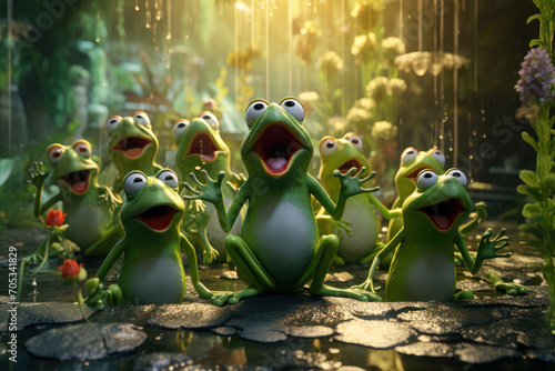 A group of frogs engaged in a lively debate about the funniest insect in the pond, complete with ribbiting punchlines. Generative Ai.