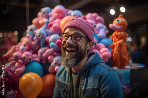 A person with a balloon animal hat hosting a laugh-filled party, where balloon animals tell the jokes and everyone bursts into giggles. Generative Ai.