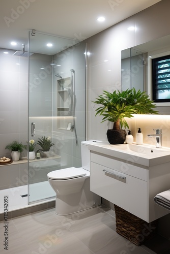 Modern bathroom interior with plants and white fixtures