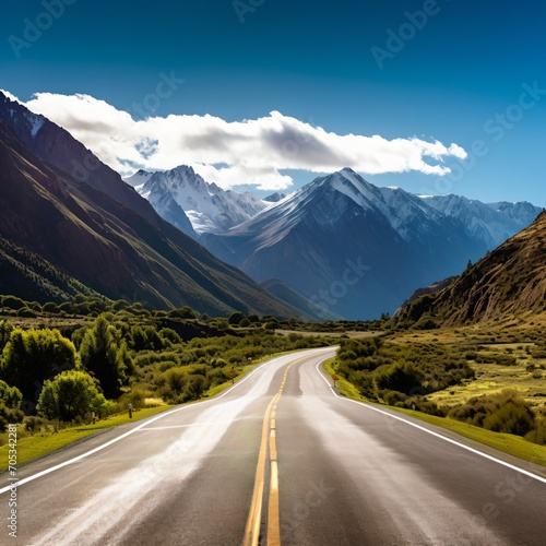 Road through the valley with snow capped mountains in the distance