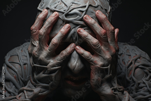 A pair of hands tightly gripping the sides of the head, capturing the physical manifestation of the inner turmoil that plagues the mind. Concept of internal strife. Generative Ai.