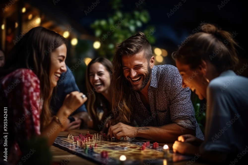 Fototapeta premium A board game night with friends, the couple strategizing and laughing together, symbolizing the collaborative nature of a strong partnership. Concept of shared gamesmanship. Generative Ai.
