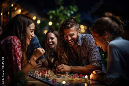A board game night with friends  the couple strategizing and laughing together  symbolizing the collaborative nature of a strong partnership. Concept of shared gamesmanship. Generative Ai.