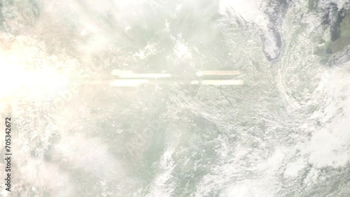 Earth zoom in from space and focus on Atchison, Kansas, USA. 3D Animation. Satellite view. Background for travel intro. Images from NASA. photo