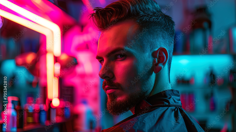 A portrait of a man in a barbershop, emphasized by neon lights surrounding his stylish haircut A portrait of a man in a barbershop, emphasized by neon lights surrounding his stylish haircut