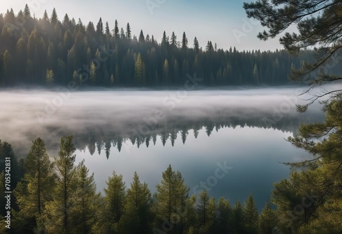 Morning fog over a beautiful lake surrounded by pine forest stock photo stock photoForest Lake Mountain Backgrounds © wafi