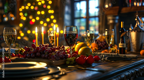 A view of the table in a restaurant, surrounded by wine glasses and fruits, with lights of candles
