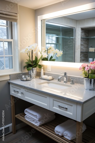 Modern bathroom interior with flowers and towels