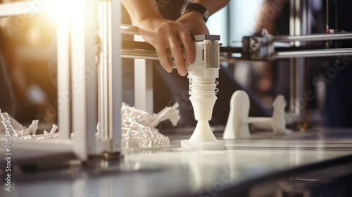 Detailed image of a 3D printer creating a custommade prosthetic limb for a patient. photo