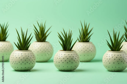 Creative pattern made of green haworthia succulents with concrete pots on mint background. Nature, gardening or botanical concept. photo