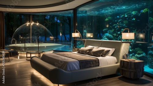 Modern bedroom interior with large aquarium