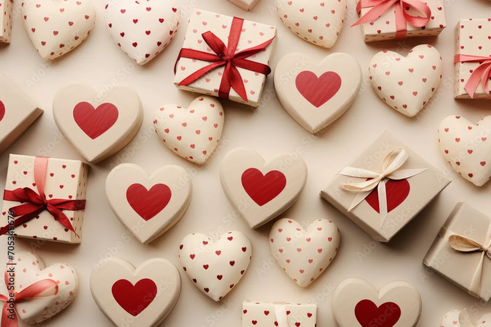 Aesthetic background for Valentine's Day with hearts and gifts. Soft pastel colors and polka dot. Aesthetic background for Valentine's Day with hearts and gifts. Soft pastel colors and polka dot.