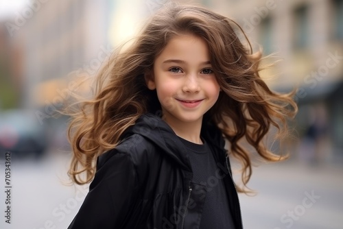 portrait of a beautiful little girl with long hair in the city © Inigo