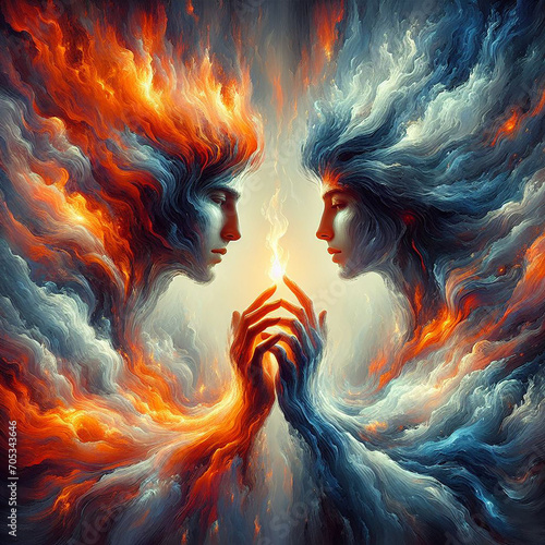 Twin flame couple. Soulmates. The concept of magical, esoteric, tantric, spiritual love. Connection between souls. Illustration for websites and much more. Created using generative ai tools.