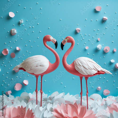 Trendy love composition with two pink flamingos forming a heart on blue pastel background. Valentine s day concept