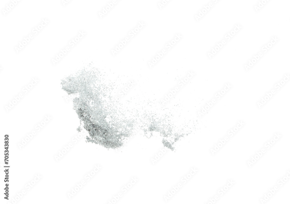Fototapeta premium Silver metallic glitter sparkle explosion in air. Silver Glitter sand spark blink celebrate Chinese new year, fly throw silver glitters particle. White background isolated, selective focus Blur bokeh