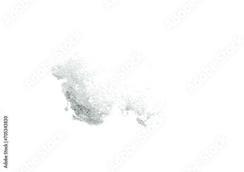 Silver metallic glitter sparkle explosion in air. Silver Glitter sand spark blink celebrate Chinese new year, fly throw silver glitters particle. White background isolated, selective focus Blur bokeh