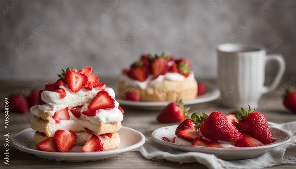 Strawberry shortcake tartlets with whipped cream and fresh strawberries on wooden background Strawberry shortcake tartlets with whipped cream and fresh strawberries on wooden background