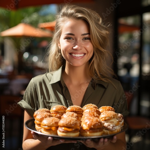 Portrait of a Smiling Waitress Holding a Tray of Sliders