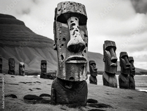 AI-Generated Easter Island Style Statues, Black and White