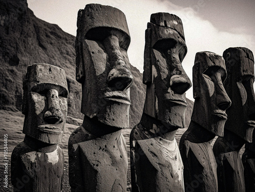 AI-Generated Easter Island Style Statues, Black and White