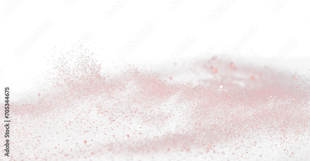 Explosion metallic red glitter sparkle. rose Glitter powder spark blink celebrate, blur foil explode in air, fly throw red glitters particle. Black background isolated, selective focus Blur bokeh
