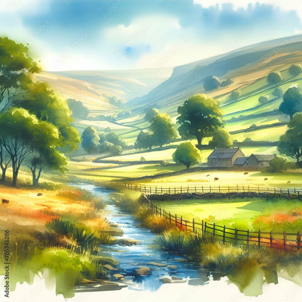 Summer Hillside Countryside Landscape with Clouds on Blue Sky, Green & Golden Field Grass, Trees, & a Babbling Brook Stream Watercolor Illustration. Organic Agriculture Farmland Nature Village Farming