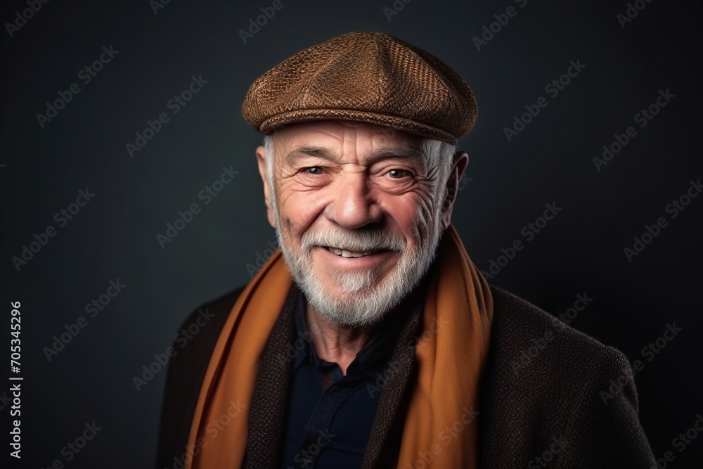 Portrait of a happy senior man in a cap and scarf. Portrait of a happy senior man in a cap and scarf.