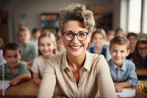 Happy teacher with students in classroom