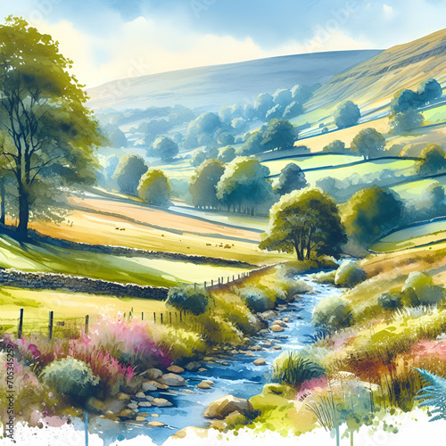 Summer Hillside Countryside Landscape with Clouds on Blue Sky, Green & Golden Field Grass, Trees, & a Babbling Brook Stream Watercolor Illustration. Organic Agriculture Farmland Nature Village Farming