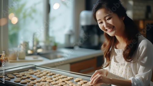 Smiling Asian woman baking cookies in the kitchen photo