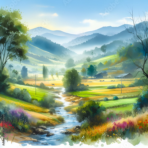 Summer Hillside Countryside Landscape with Clouds on Blue Sky, Green & Golden Field Grass, Trees, & a Babbling Brook Stream Watercolor Illustration. Organic Agriculture Farmland Nature Village Farming photo