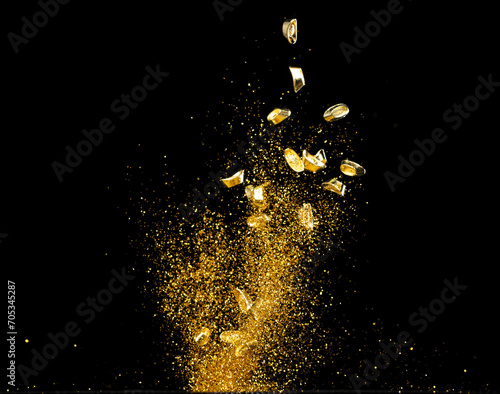 Gold Ingot Chinese Money bar token fly with dust particle in air. Chinese new year Yuanbao gold ingots floating to golden money sand particle. Language is wealthy prosperity. Black background isolated
