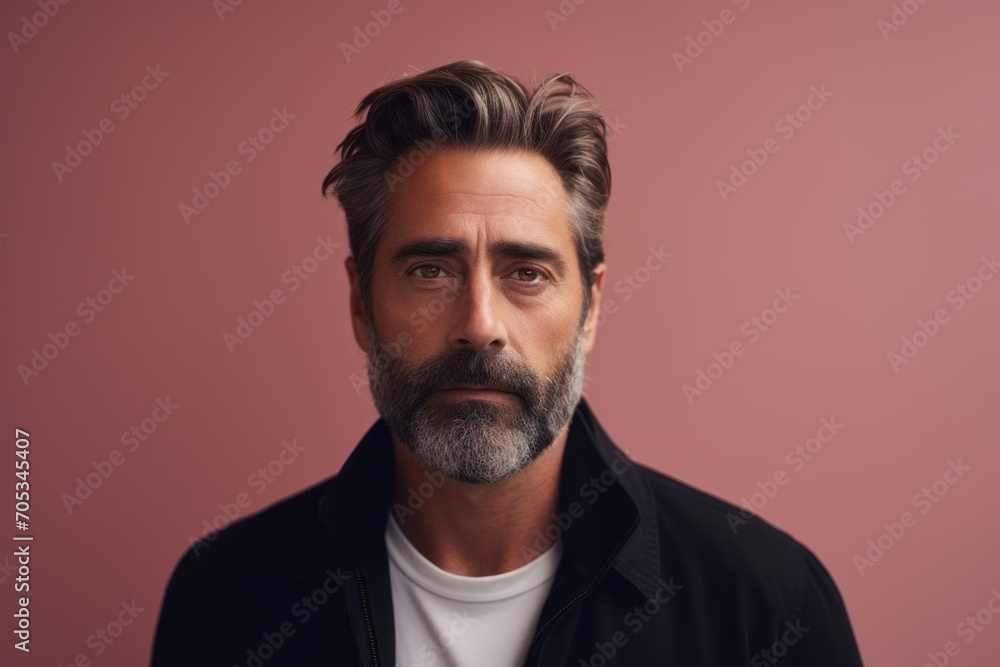 Handsome mature man with beard looking at camera while standing against pink background Handsome mature man with beard looking at camera while standing against pink background