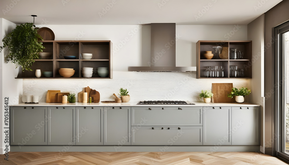 A designer kitchen with a mix of open shelving and closed cabinets