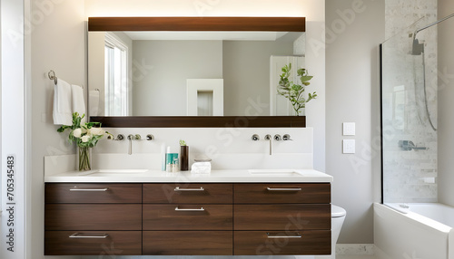 Modern bathroom with wood cabinets