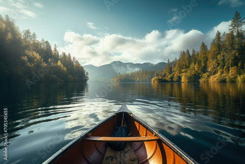 A serene lakeside scene with a person paddling a canoe, immersed in the calm waters and the meditative rhythm of paddling. Concept of lakefront tranquility. Generative Ai.